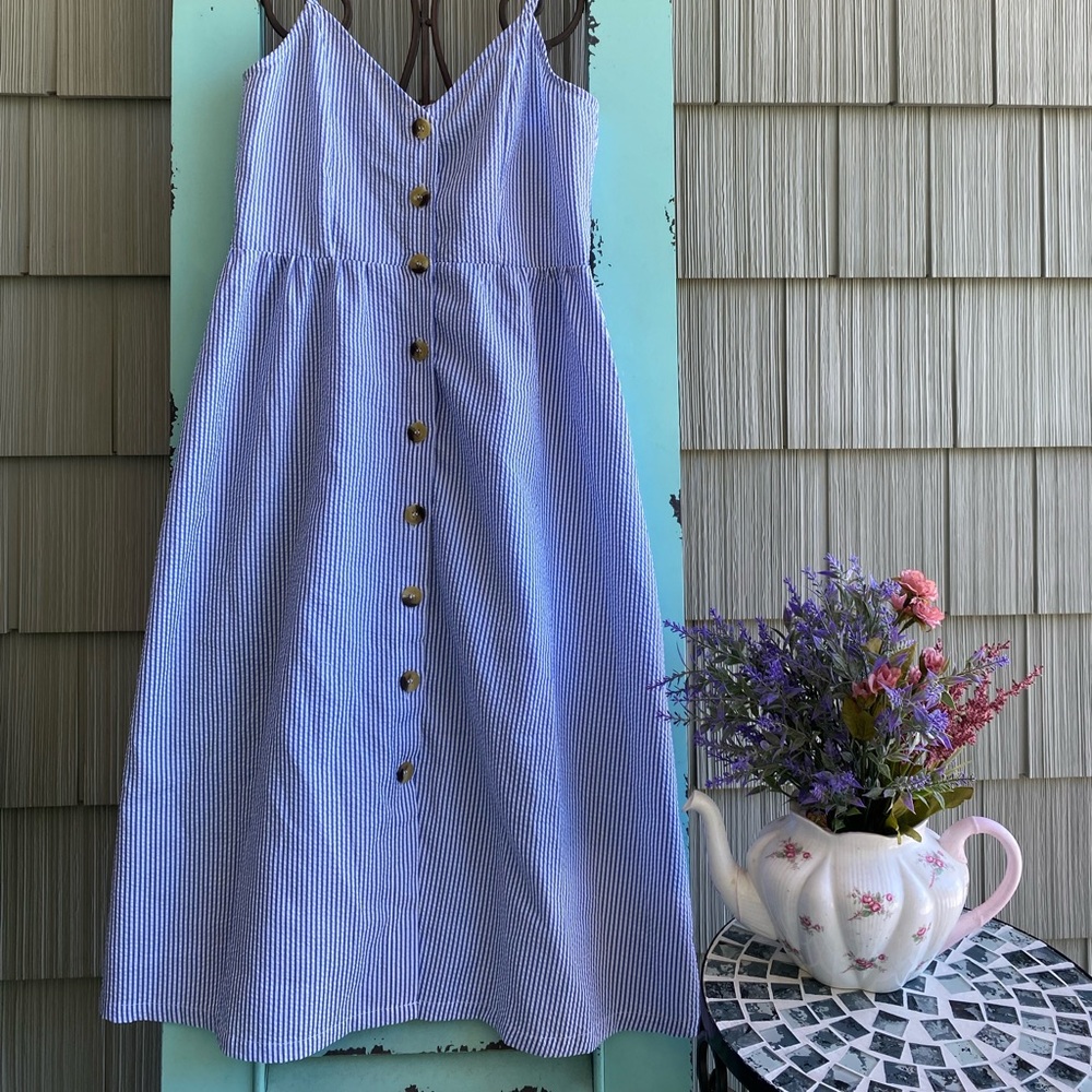 Summer striped blue and white sea beach dress vintage look buttons